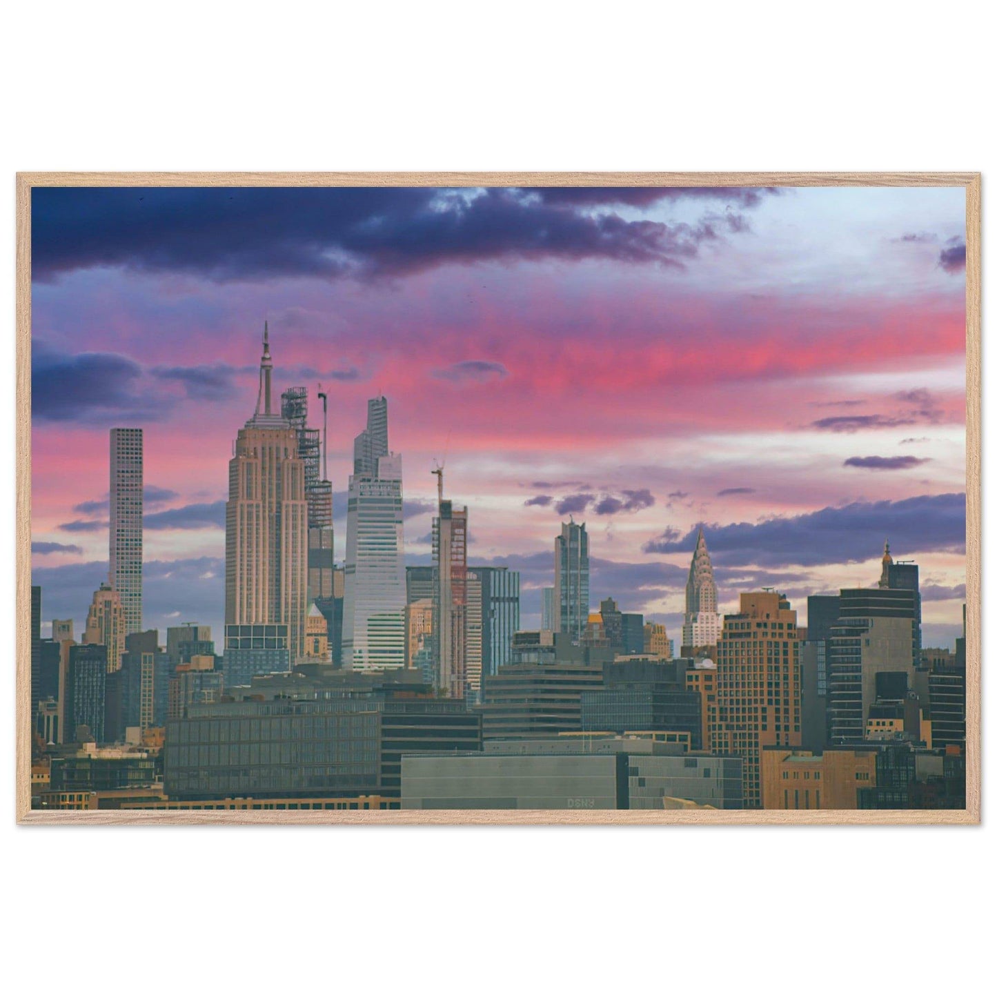 NYC Pink Skyline Wooden Framed Poster New York City Wall Art Home Office Business Commercial Decor Pixio.Co - Pixio.Co