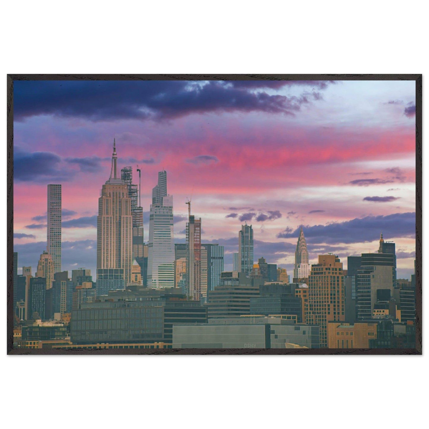NYC Pink Skyline Wooden Framed Poster New York City Wall Art Home Office Business Commercial Decor Pixio.Co - Pixio.Co