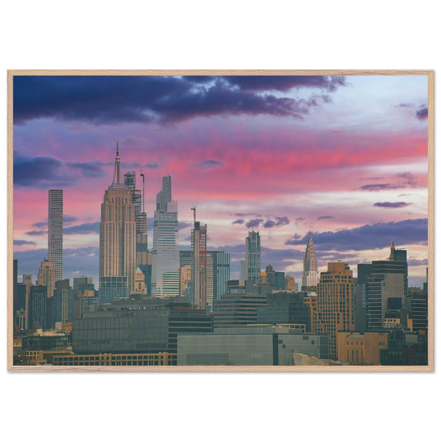 NYC Pink Skyline Wooden Framed Poster New York City Wall Art Home Office Business Commercial Decor Pixio.Co - Pixio.Co