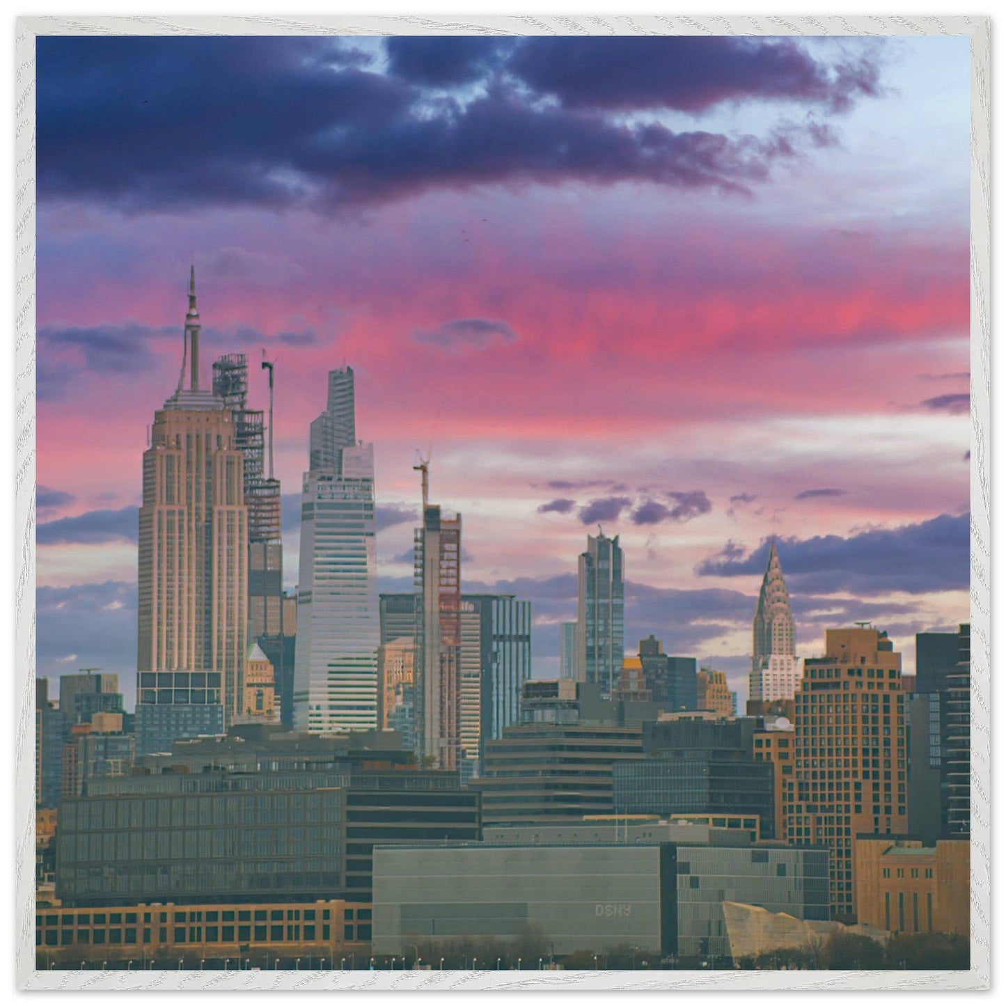 NYC Pink Skyline Wooden Framed Poster New York City Wall Art Home Office Business Commercial Decor Pixio.Co - Pixio.Co