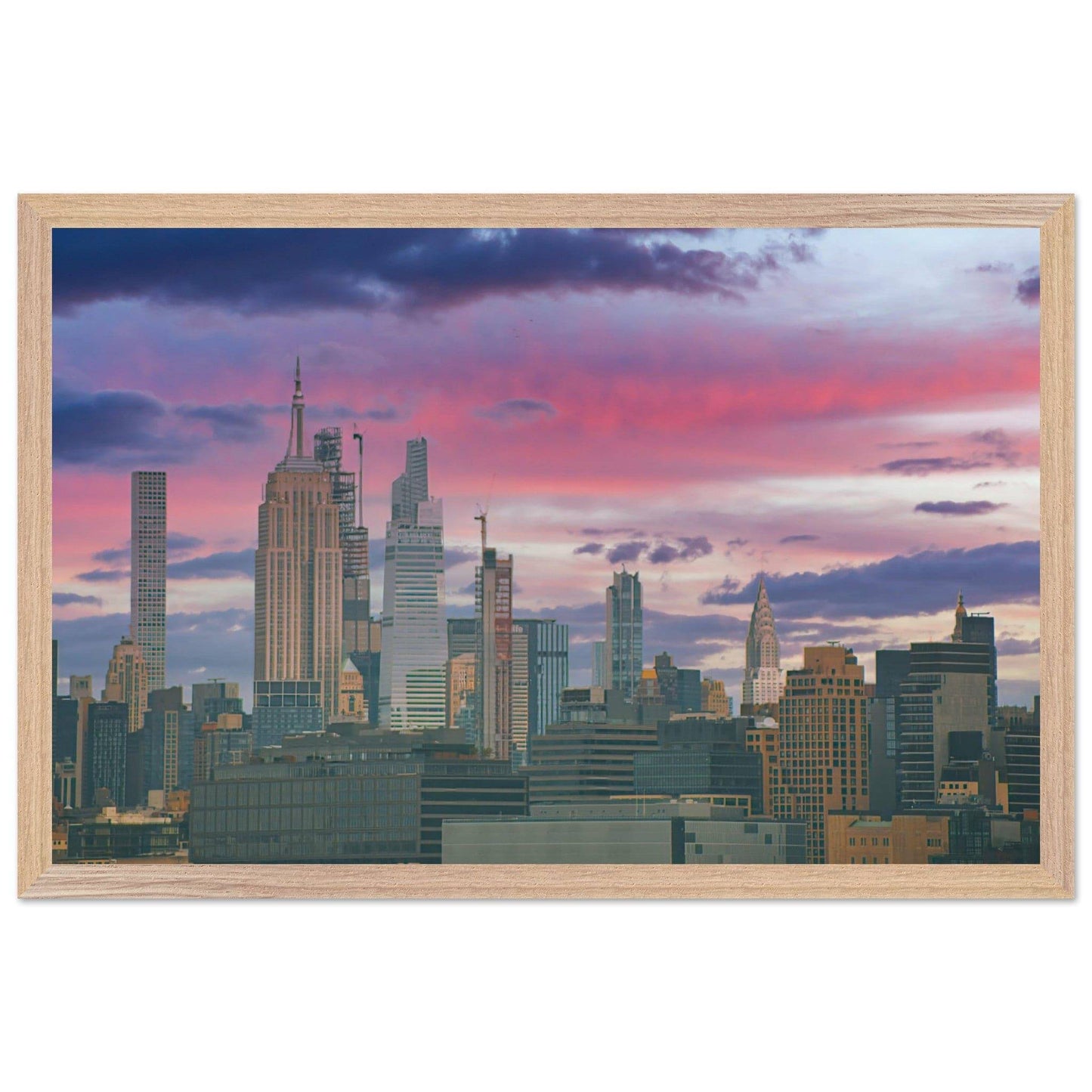 NYC Pink Skyline Wooden Framed Poster New York City Wall Art Home Office Business Commercial Decor Pixio.Co - Pixio.Co