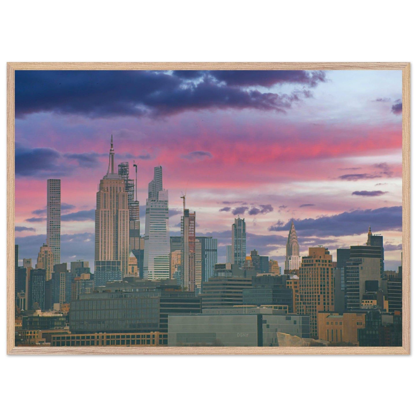 NYC Pink Skyline Wooden Framed Poster New York City Wall Art Home Office Business Commercial Decor Pixio.Co - Pixio.Co