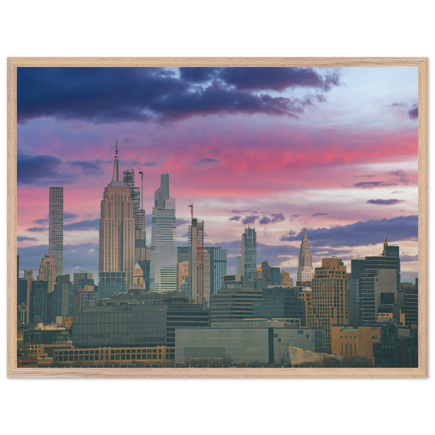 NYC Pink Skyline Wooden Framed Poster New York City Wall Art Home Office Business Commercial Decor Pixio.Co - Pixio.Co