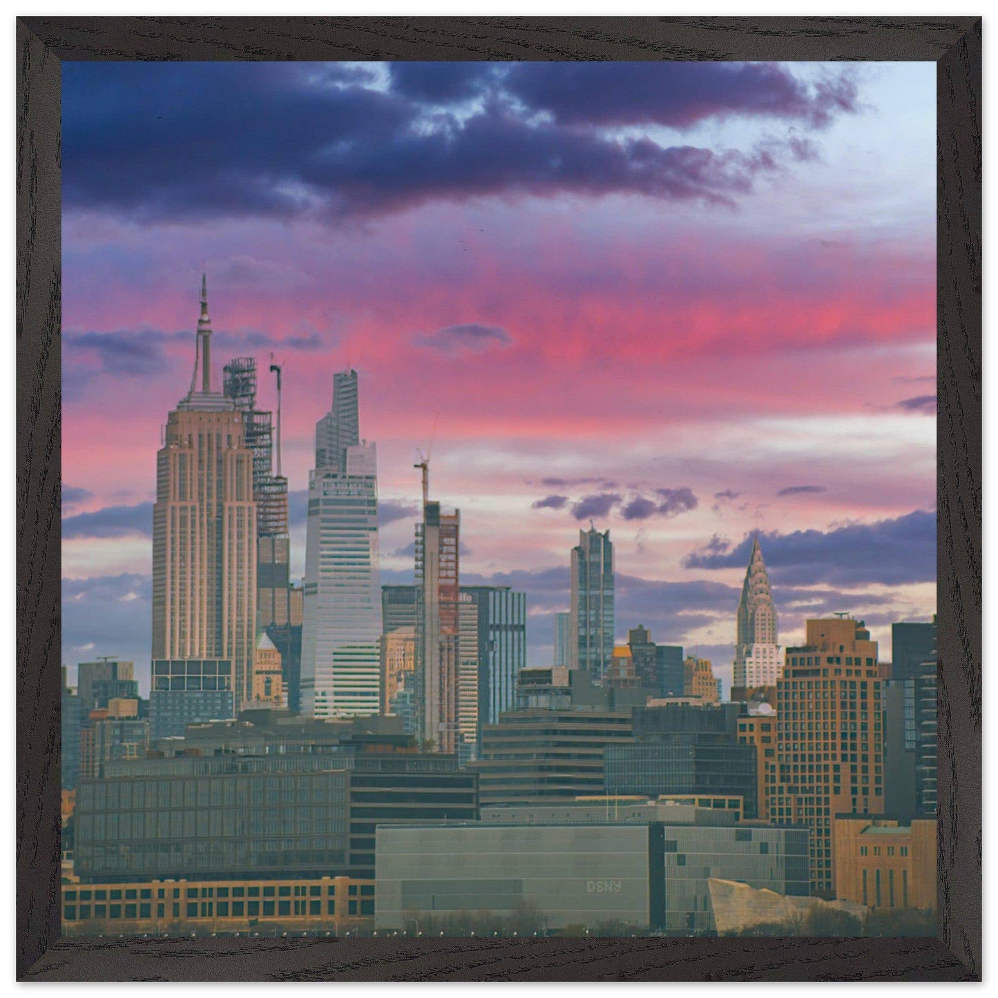 NYC Pink Skyline Wooden Framed Poster New York City Wall Art Home Office Business Commercial Decor Pixio.Co - Pixio.Co