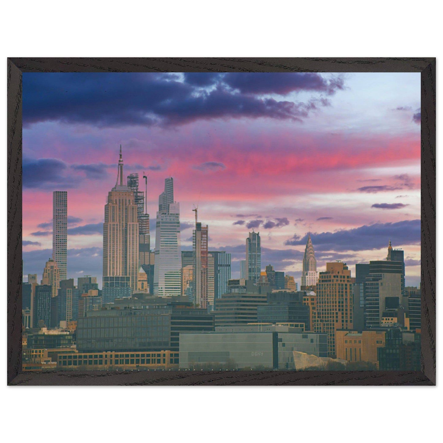 NYC Pink Skyline Wooden Framed Poster New York City Wall Art Home Office Business Commercial Decor Pixio.Co - Pixio.Co