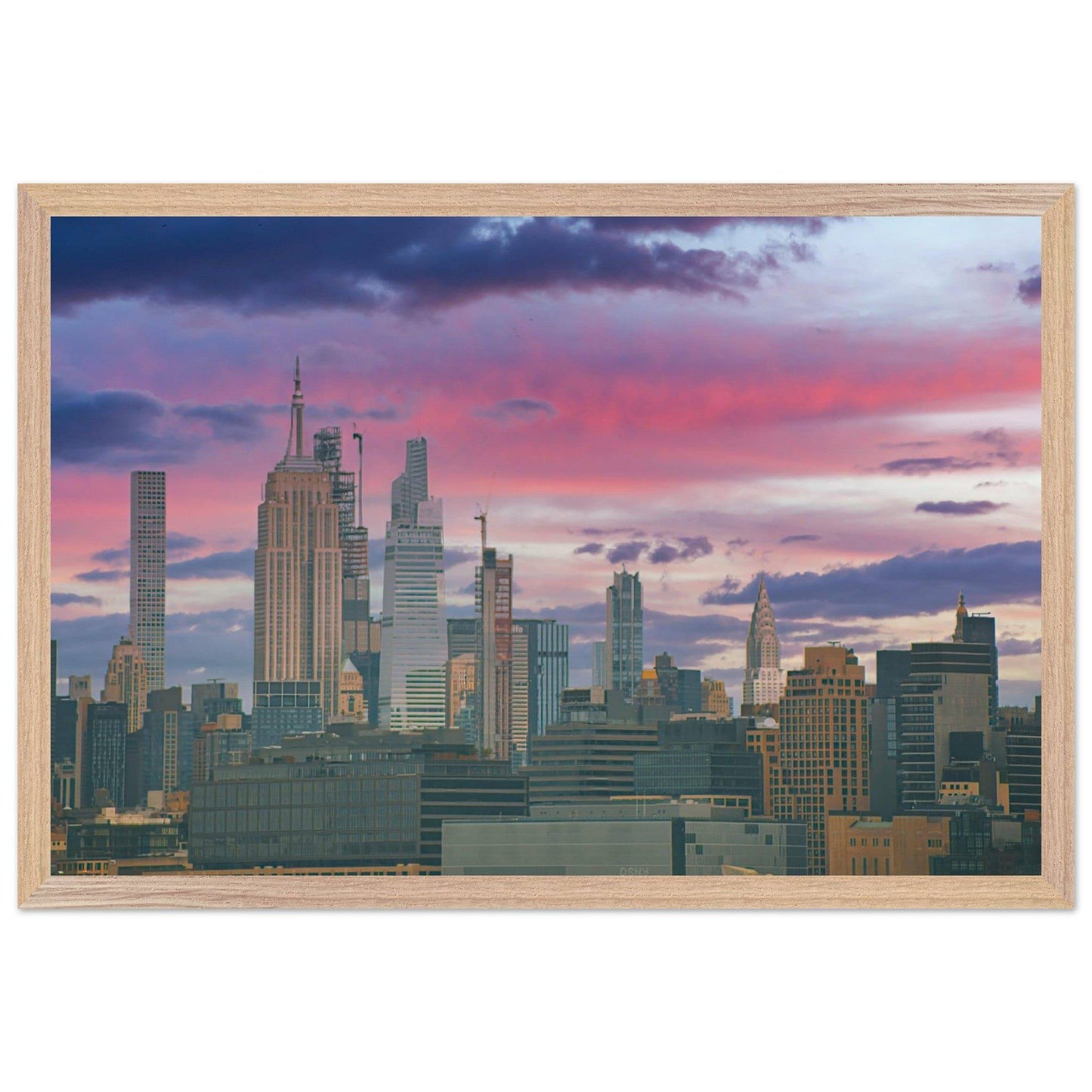 NYC Pink Skyline Wooden Framed Poster New York City Wall Art Home Office Business Commercial Decor Pixio.Co - Pixio.Co