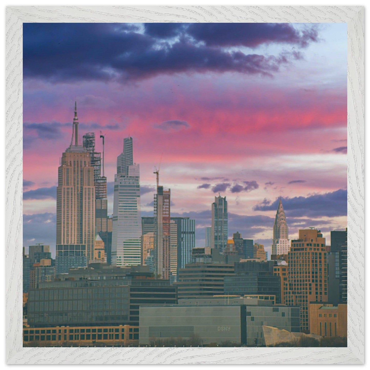 NYC Pink Skyline Wooden Framed Poster New York City Wall Art Home Office Business Commercial Decor Pixio.Co - Pixio.Co