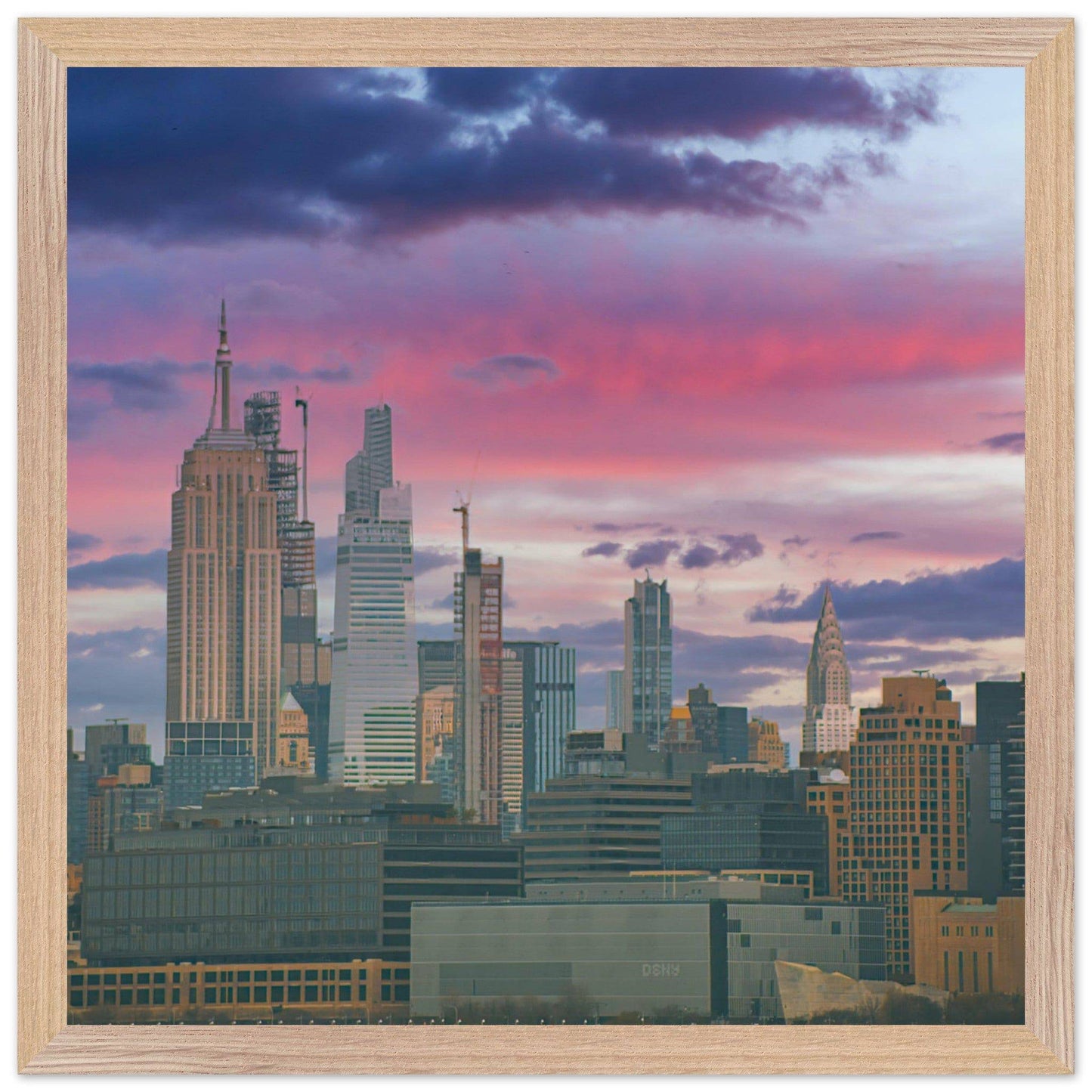 NYC Pink Skyline Wooden Framed Poster New York City Wall Art Home Office Business Commercial Decor Pixio.Co - Pixio.Co