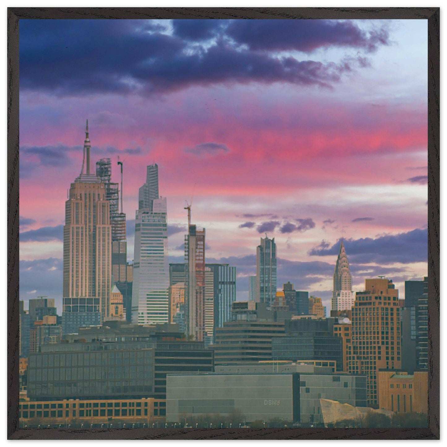 NYC Pink Skyline Wooden Framed Poster New York City Wall Art Home Office Business Commercial Decor Pixio.Co - Pixio.Co
