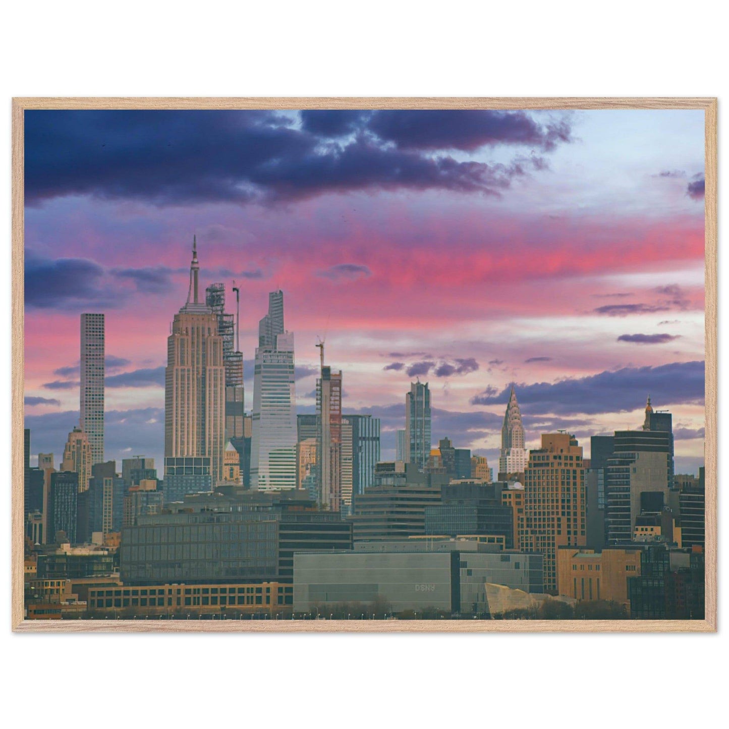 NYC Pink Skyline Wooden Framed Poster New York City Wall Art Home Office Business Commercial Decor Pixio.Co - Pixio.Co