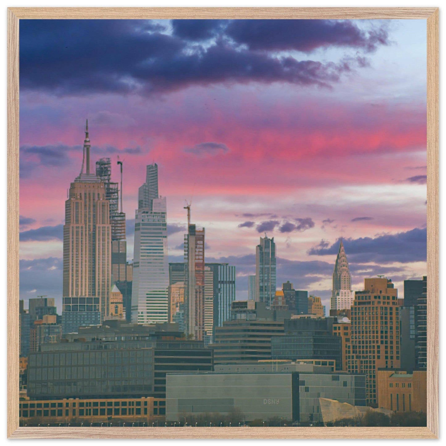 NYC Pink Skyline Wooden Framed Poster New York City Wall Art Home Office Business Commercial Decor Pixio.Co - Pixio.Co