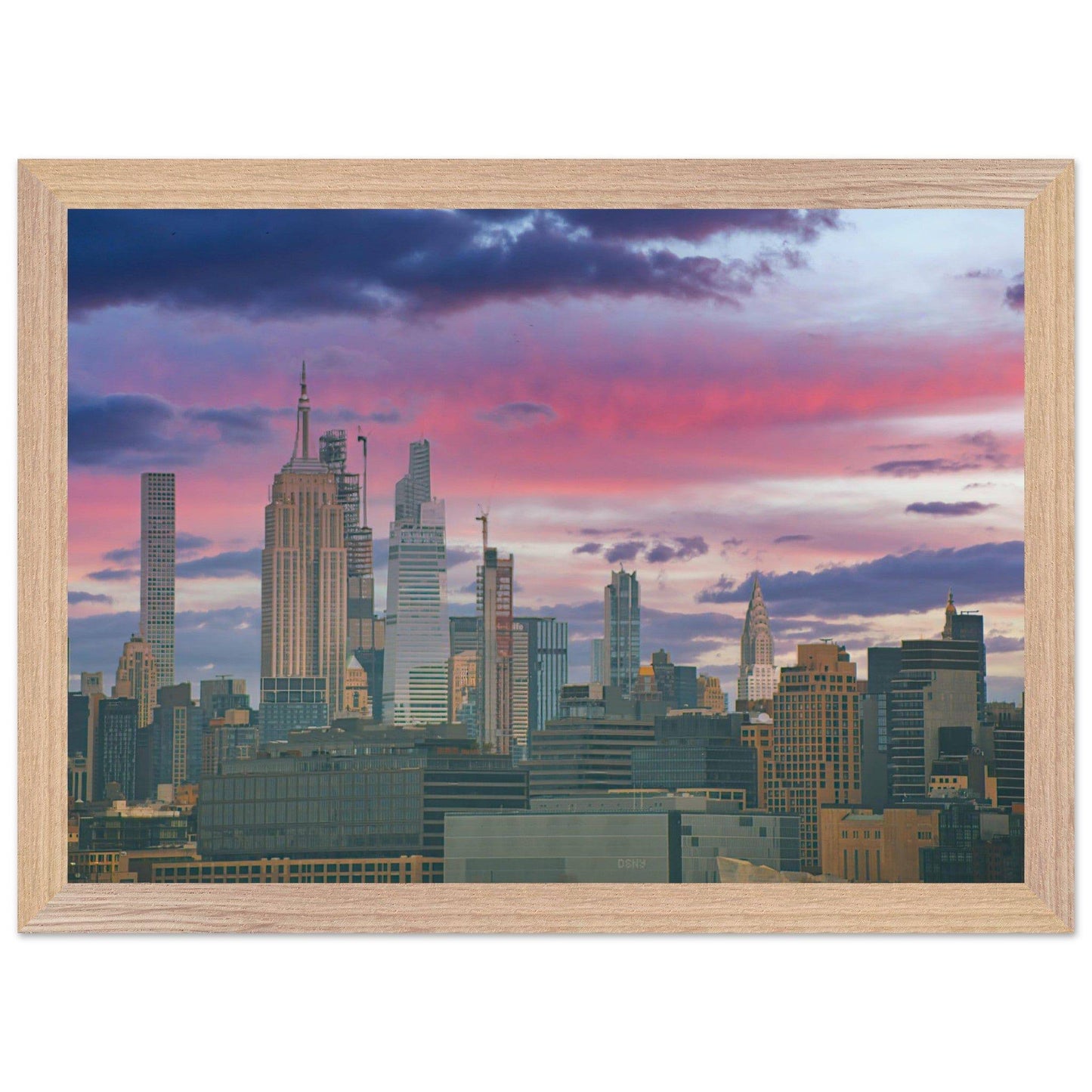NYC Pink Skyline Wooden Framed Poster New York City Wall Art Home Office Business Commercial Decor Pixio.Co - Pixio.Co