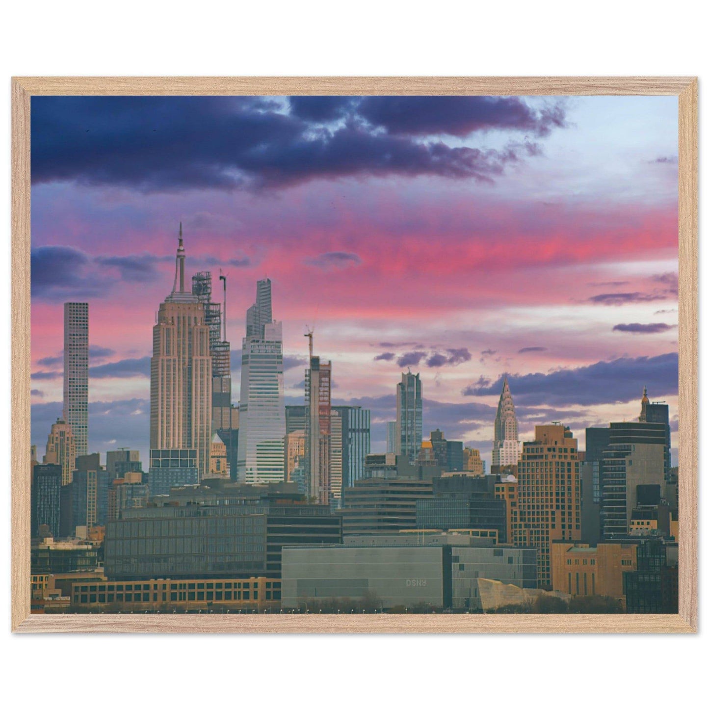 NYC Pink Skyline Wooden Framed Poster New York City Wall Art Home Office Business Commercial Decor Pixio.Co - Pixio.Co