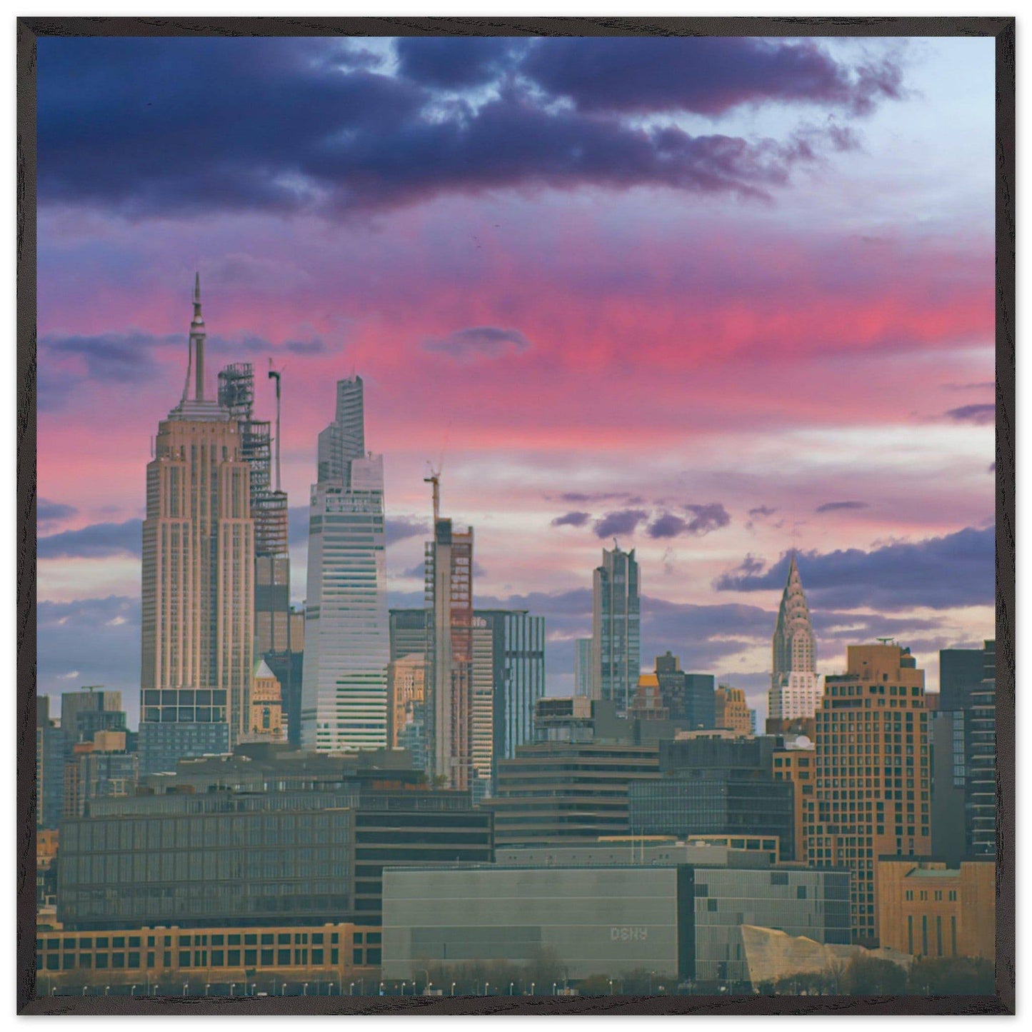 NYC Pink Skyline Wooden Framed Poster New York City Wall Art Home Office Business Commercial Decor Pixio.Co - Pixio.Co