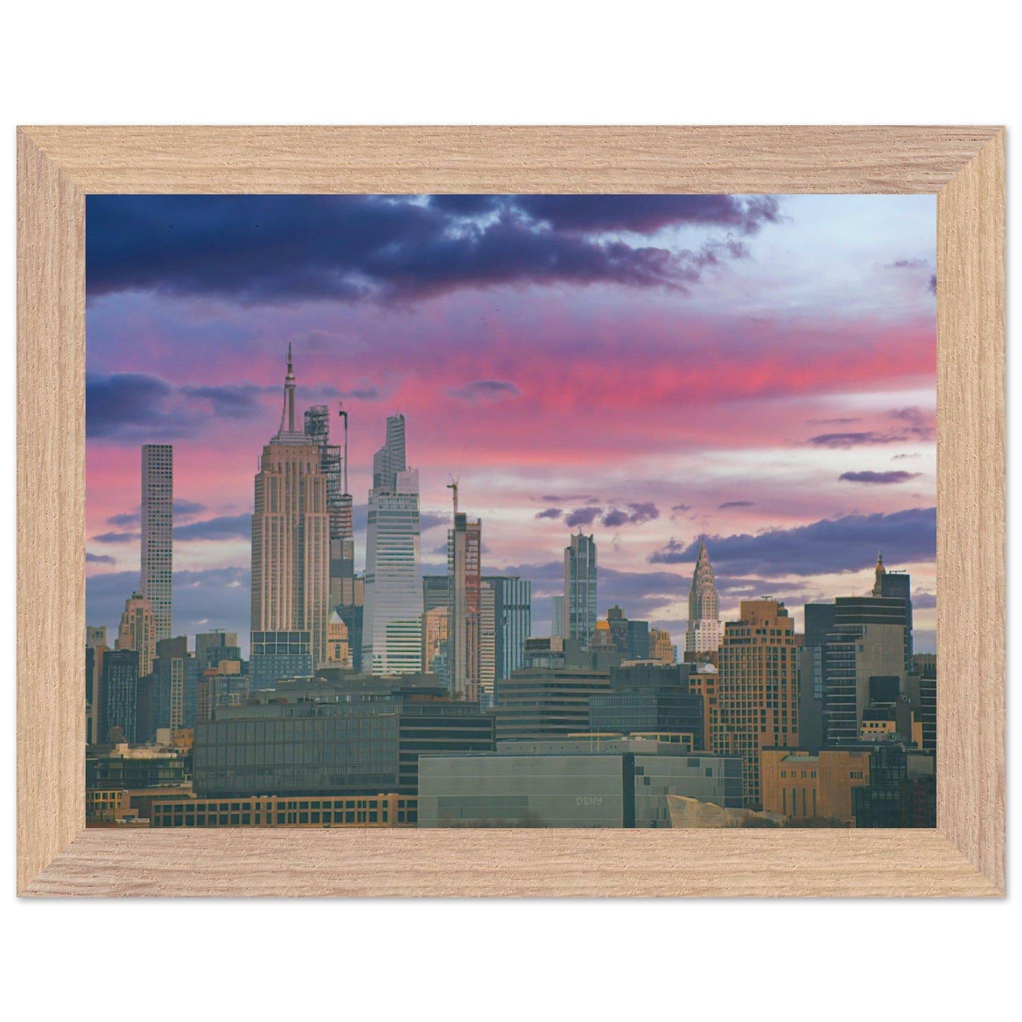 NYC Pink Skyline Wooden Framed Poster New York City Wall Art Home Office Business Commercial Decor Pixio.Co - Pixio.Co