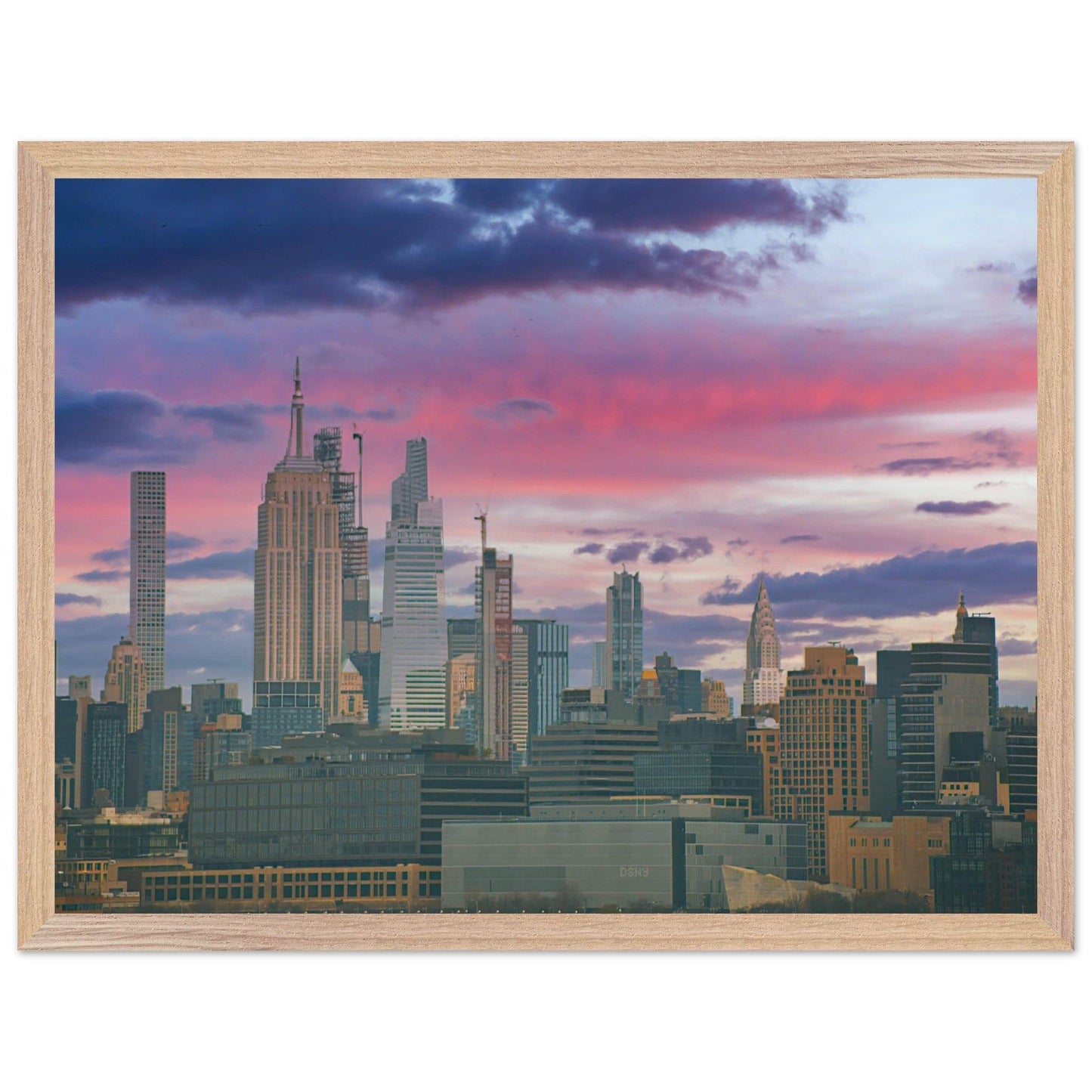 NYC Pink Skyline Wooden Framed Poster New York City Wall Art Home Office Business Commercial Decor Pixio.Co - Pixio.Co