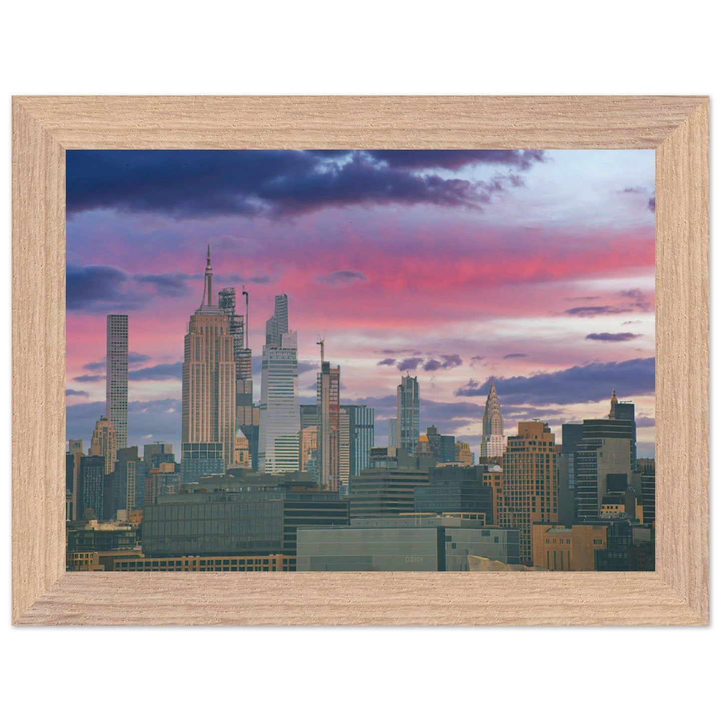 NYC Pink Skyline Wooden Framed Poster New York City Wall Art Home Office Business Commercial Decor Pixio.Co - Pixio.Co