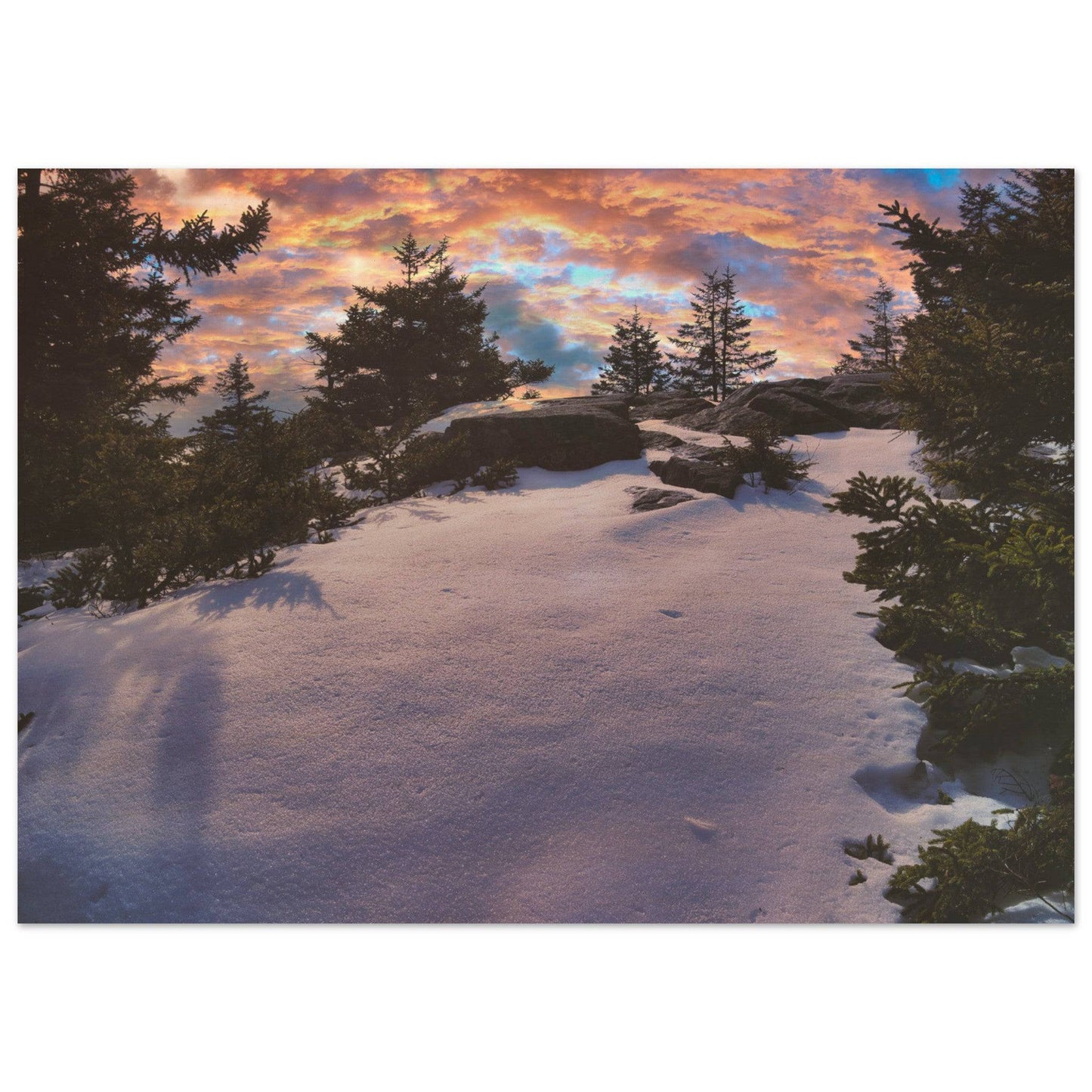 Snow & Sunrise Wood Prints Relaxing Winter Mountain Wall Art Home Office Business Commercial Decor Pixio.Co - Pixio.Co