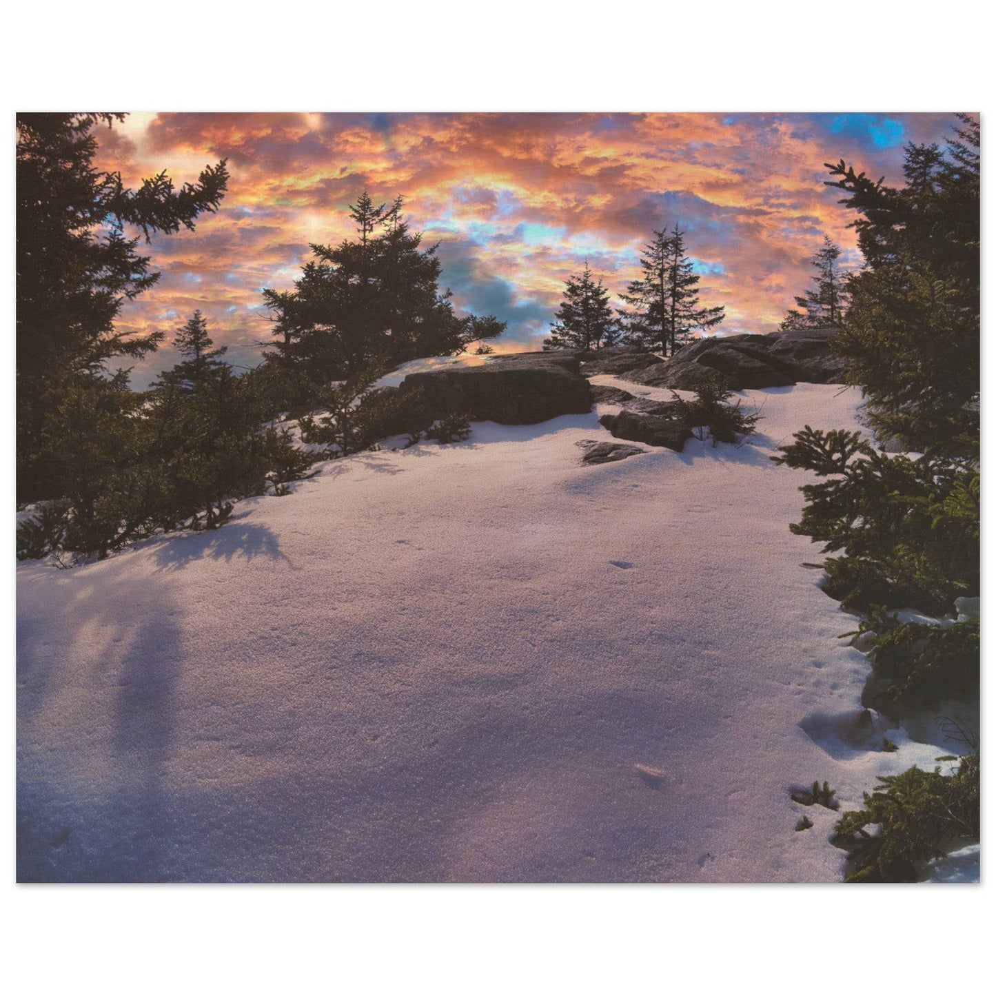 Snow & Sunrise Wood Prints Relaxing Winter Mountain Wall Art Home Office Business Commercial Decor Pixio.Co - Pixio.Co