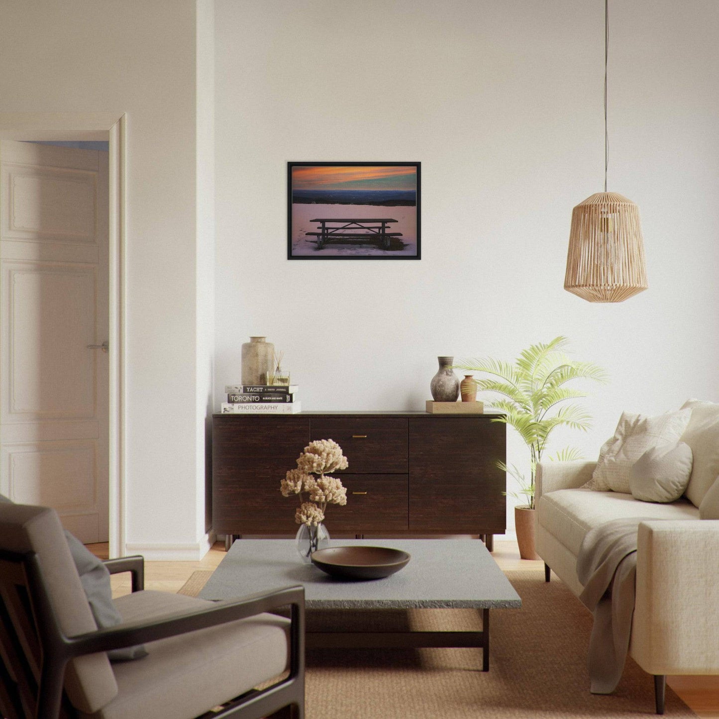Snow & Bench Dark, Black and Wood Framed Mountain Wall Art Home Office Business Commercial Decor Pixio.Co - Pixio.Co