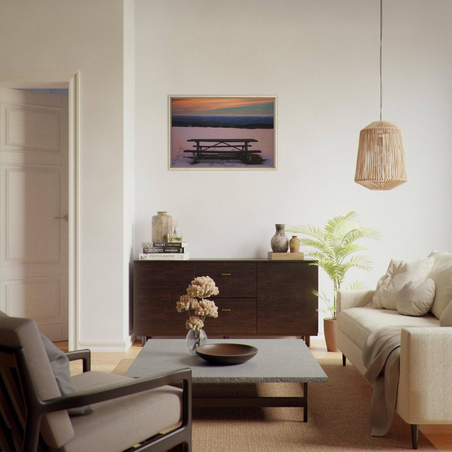 Snow & Bench Dark, Black and Wood Framed Mountain Wall Art Home Office Business Commercial Decor Pixio.Co - Pixio.Co