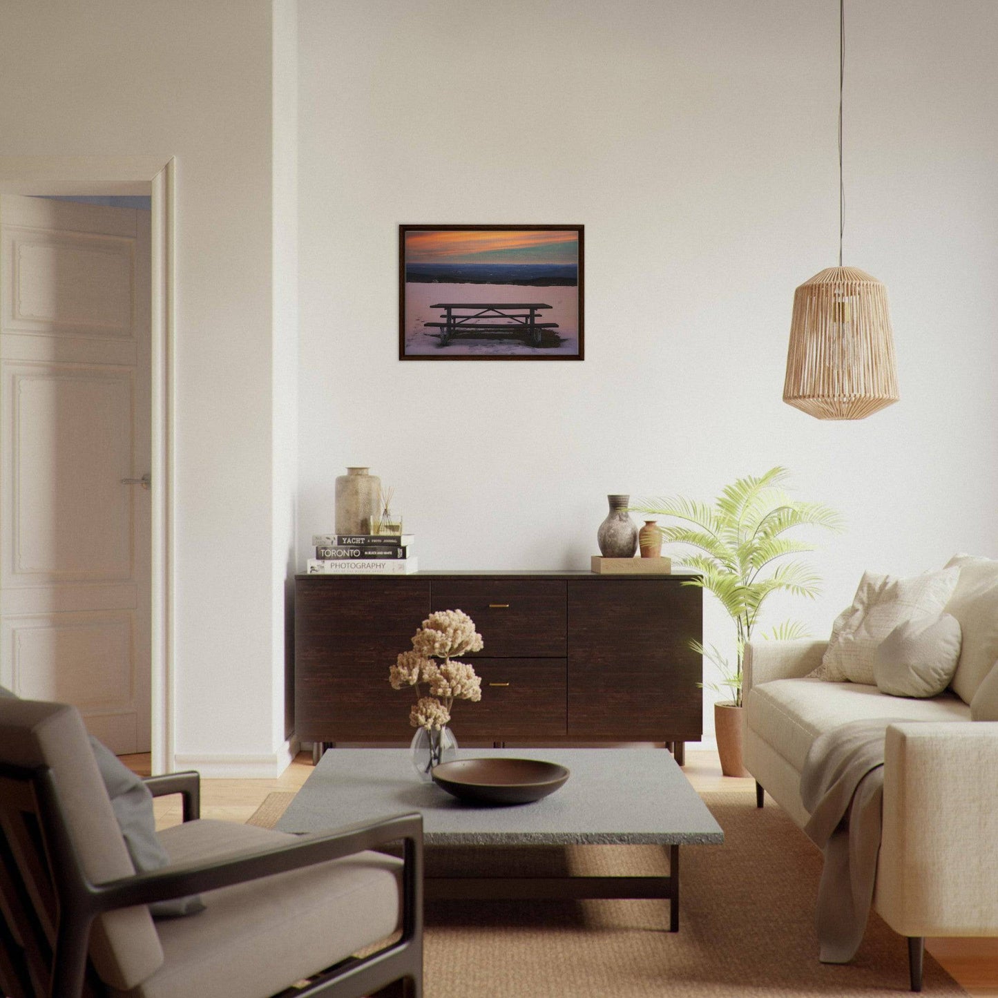 Snow & Bench Dark, Black and Wood Framed Mountain Wall Art Home Office Business Commercial Decor Pixio.Co - Pixio.Co