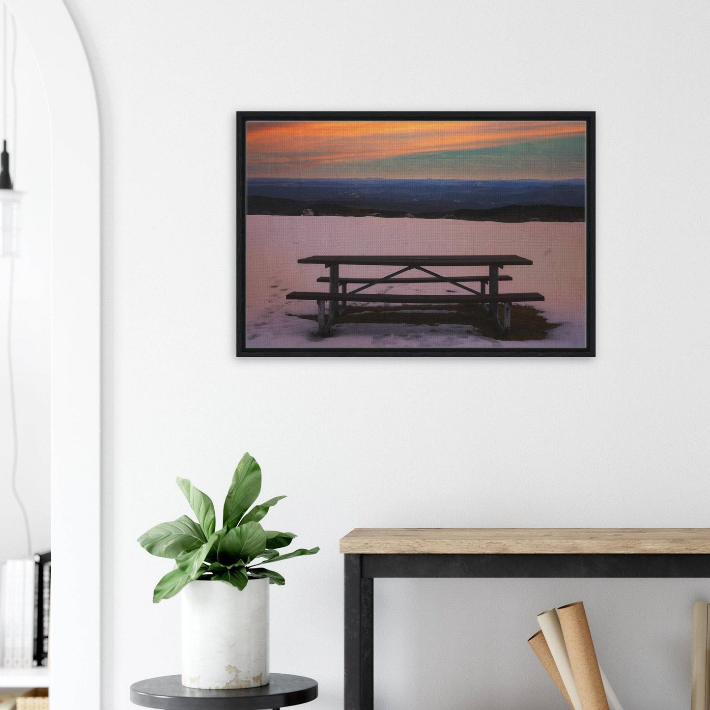 Snow & Bench Dark, Black and Wood Framed Mountain Wall Art Home Office Business Commercial Decor Pixio.Co - Pixio.Co