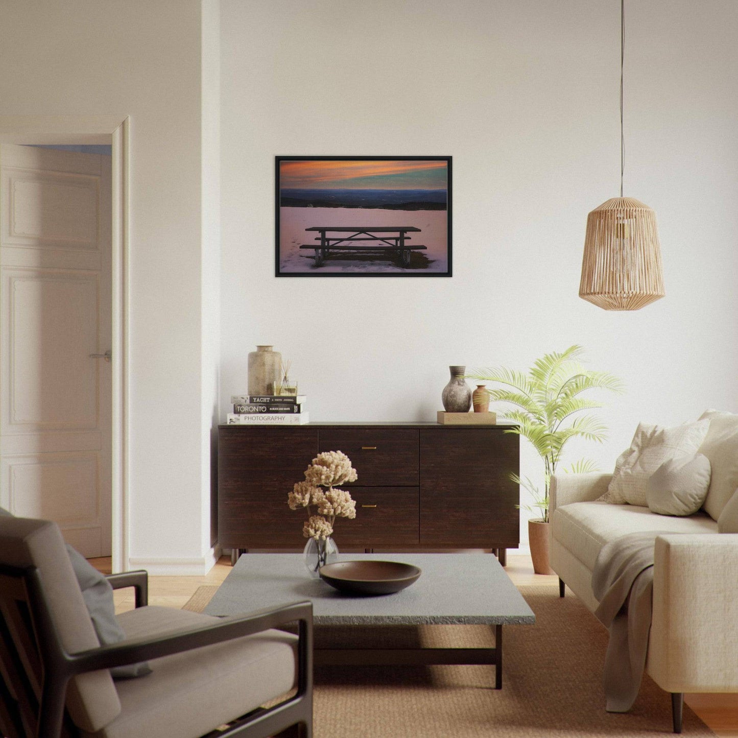 Snow & Bench Dark, Black and Wood Framed Mountain Wall Art Home Office Business Commercial Decor Pixio.Co - Pixio.Co