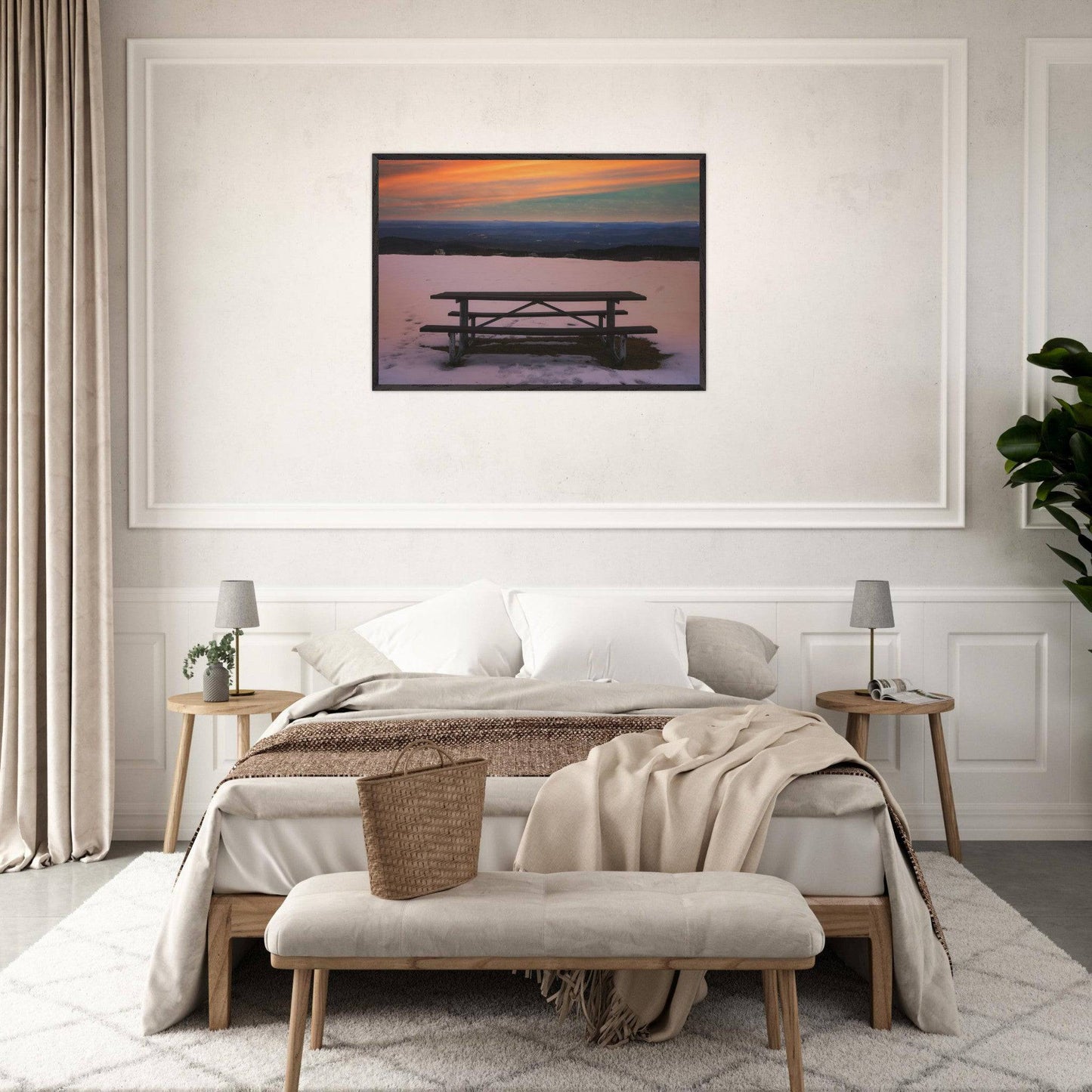 Snow & Bench Museum Quality Matte White, Black, Wooden Framed Winter Mountain Wall Art Home Office Business Commercial Decor Pixio.Co - Pixio.Co