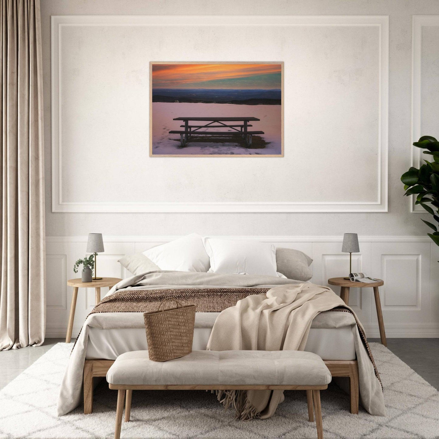 Snow & Bench Museum Quality Matte White, Black, Wooden Framed Winter Mountain Wall Art Home Office Business Commercial Decor Pixio.Co - Pixio.Co