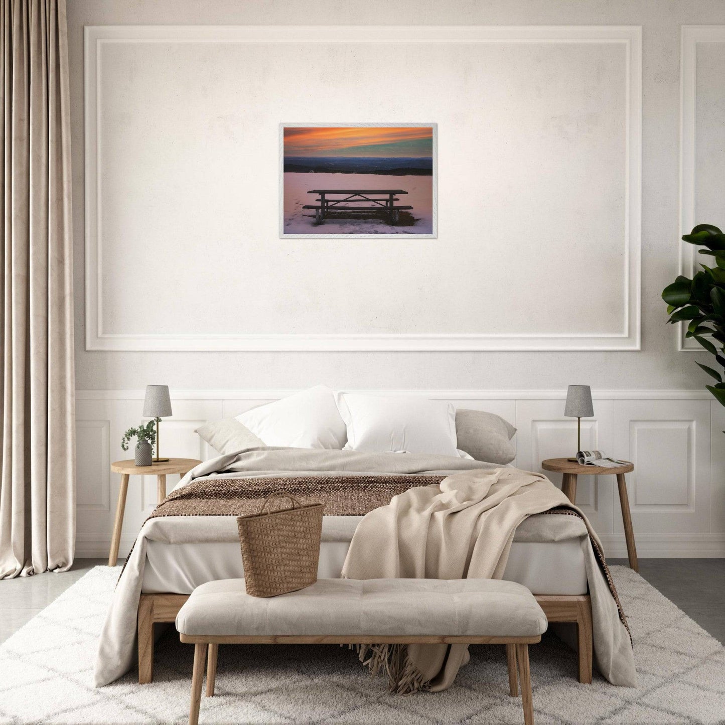 Snow & Bench Museum Quality Matte White, Black, Wooden Framed Winter Mountain Wall Art Home Office Business Commercial Decor Pixio.Co - Pixio.Co