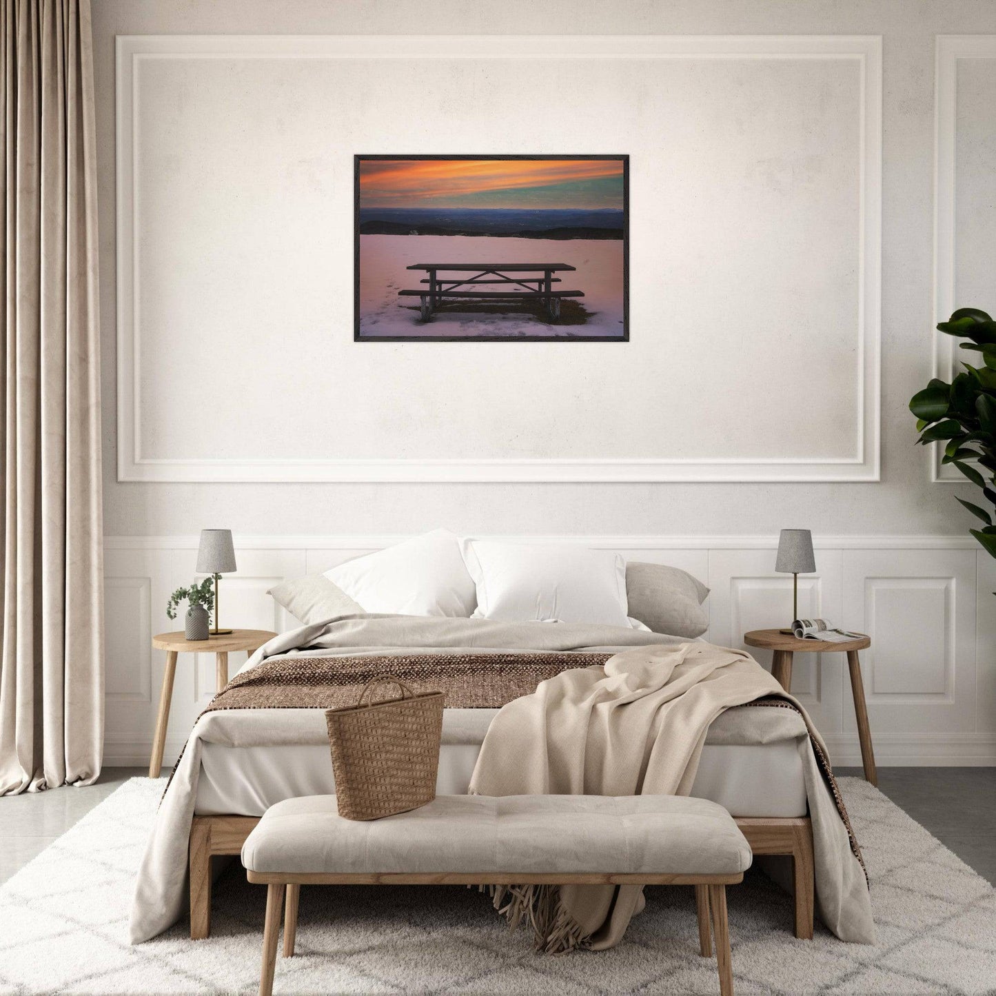 Snow & Bench Museum Quality Matte White, Black, Wooden Framed Winter Mountain Wall Art Home Office Business Commercial Decor Pixio.Co - Pixio.Co