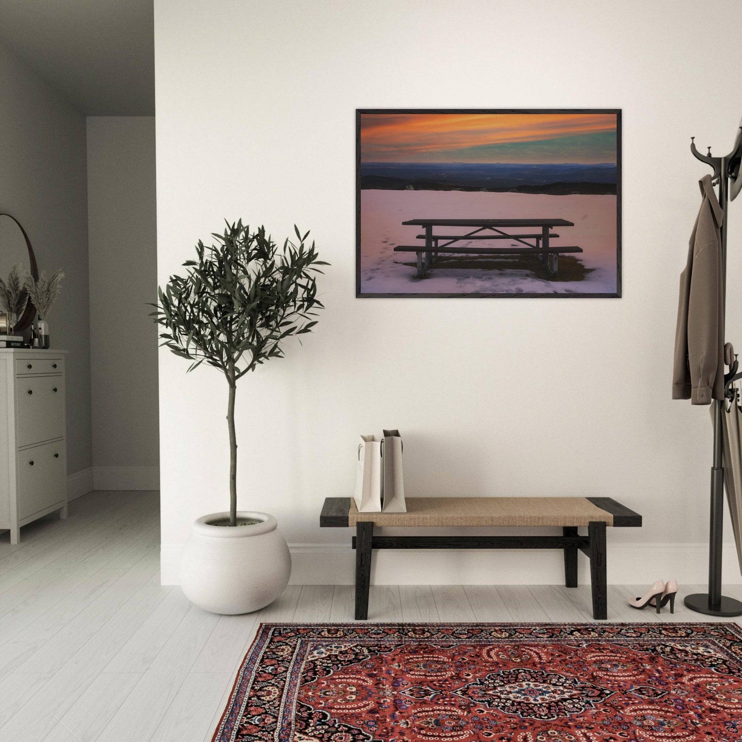 Snow & Bench Museum Quality Matte White, Black, Wooden Framed Winter Mountain Wall Art Home Office Business Commercial Decor Pixio.Co - Pixio.Co