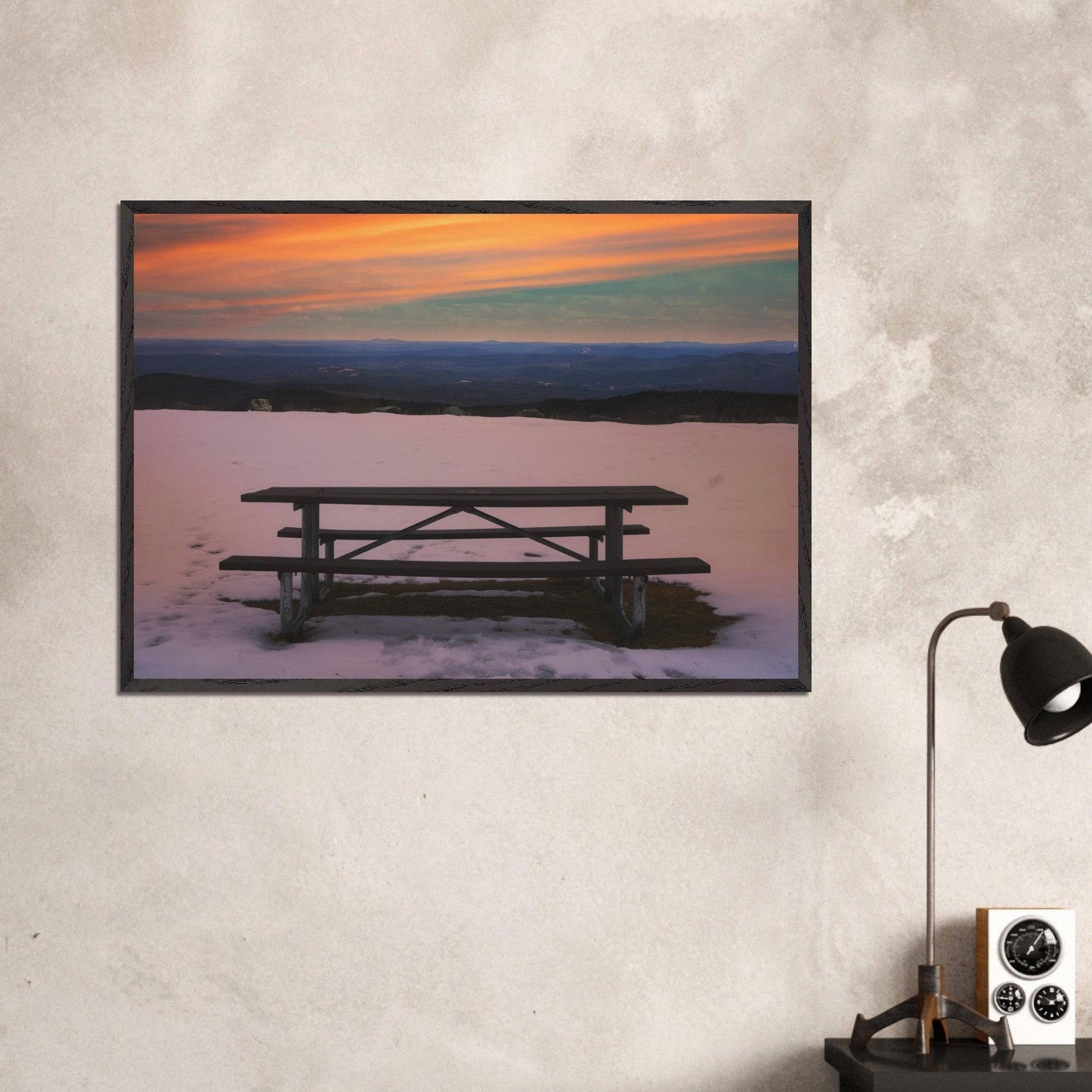 Snow & Bench Museum Quality Matte White, Black, Wooden Framed Winter Mountain Wall Art Home Office Business Commercial Decor Pixio.Co - Pixio.Co