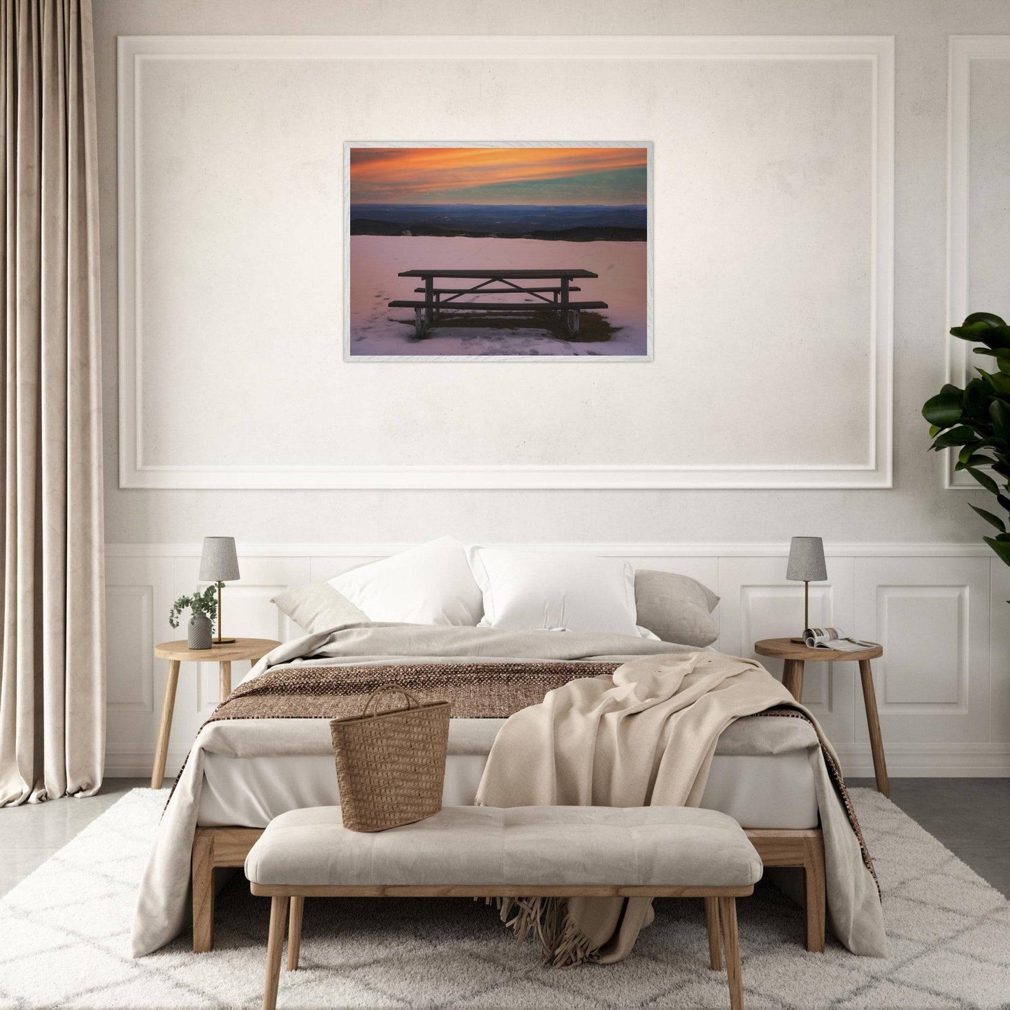 Snow & Bench Museum Quality Matte White, Black, Wooden Framed Winter Mountain Wall Art Home Office Business Commercial Decor Pixio.Co - Pixio.Co