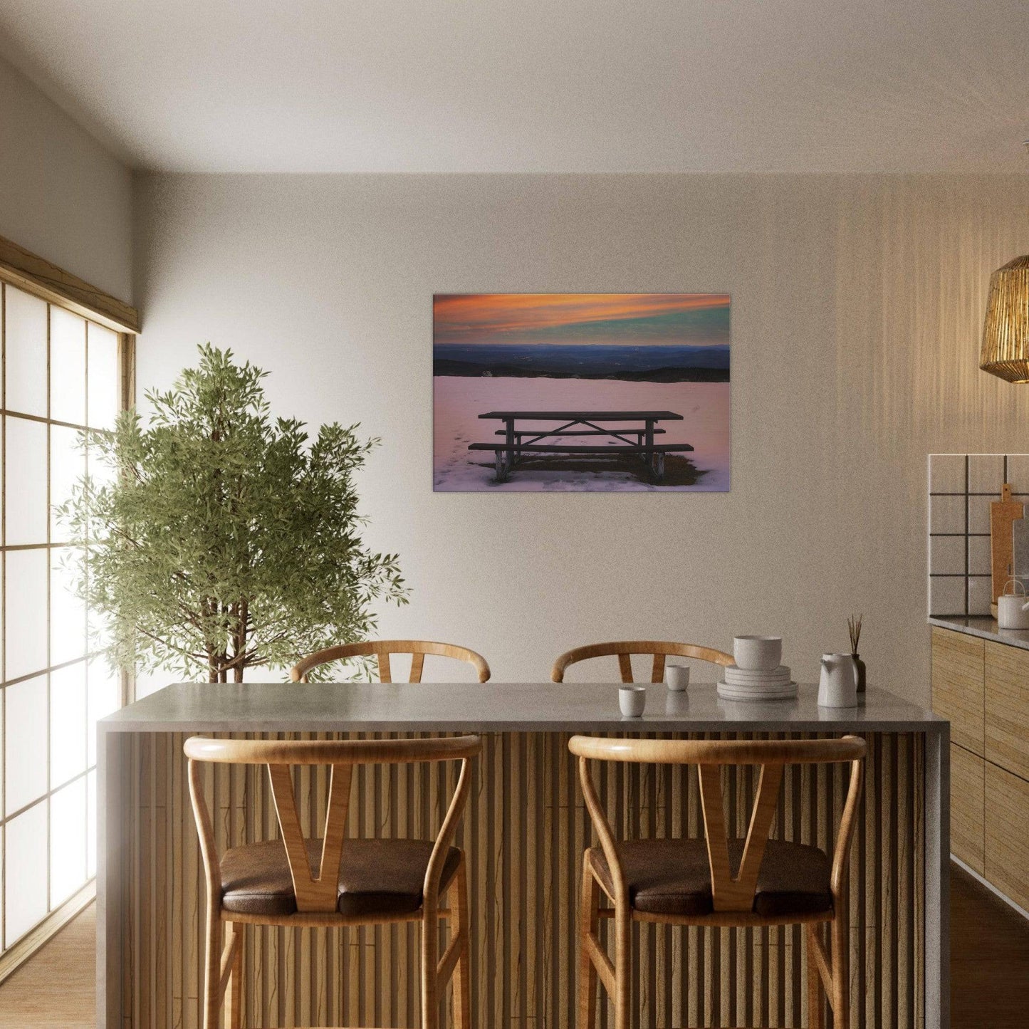 Snow & Bench Canvas Frame Winter Mountain Wall Art Home Office Business Commercial Decor Pixio.Co - Pixio.Co