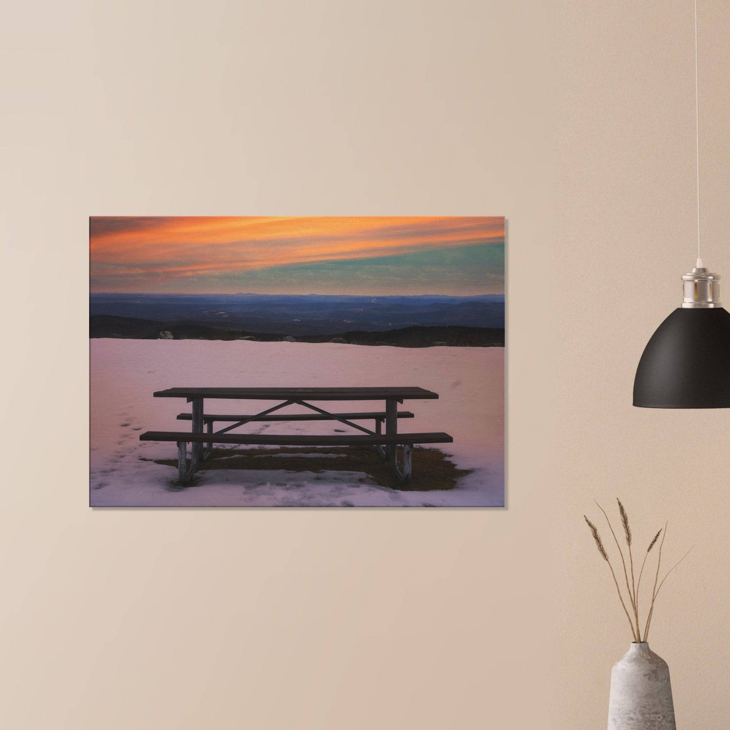 Snow & Bench Canvas Frame Winter Mountain Wall Art Home Office Business Commercial Decor Pixio.Co - Pixio.Co