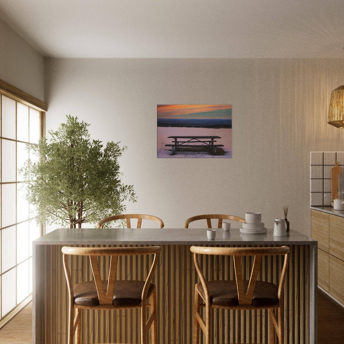 Snow & Bench Canvas Frame Winter Mountain Wall Art Home Office Business Commercial Decor Pixio.Co - Pixio.Co