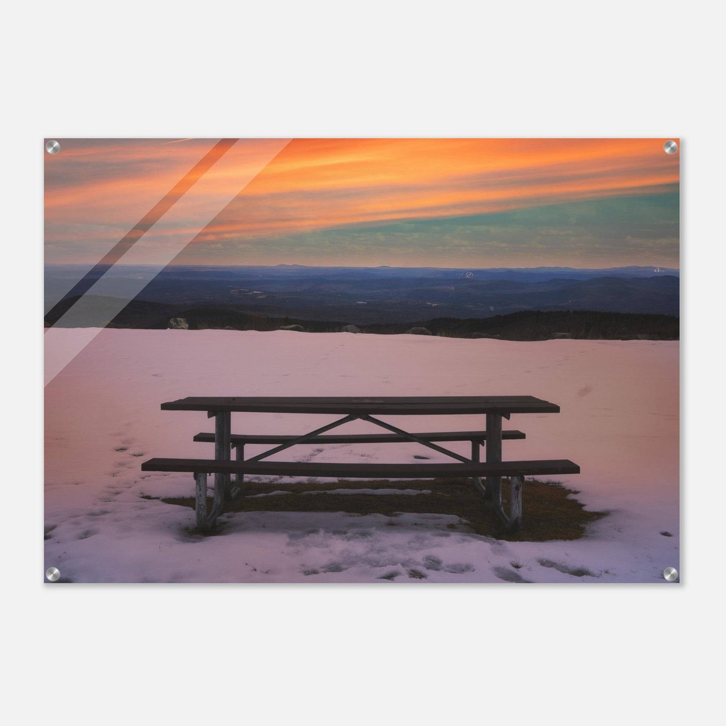 Snow & Bench Acrylic Print Winter Mountain Wall Art Home Office Business Commercial Decor Pixio.Co - Pixio.Co