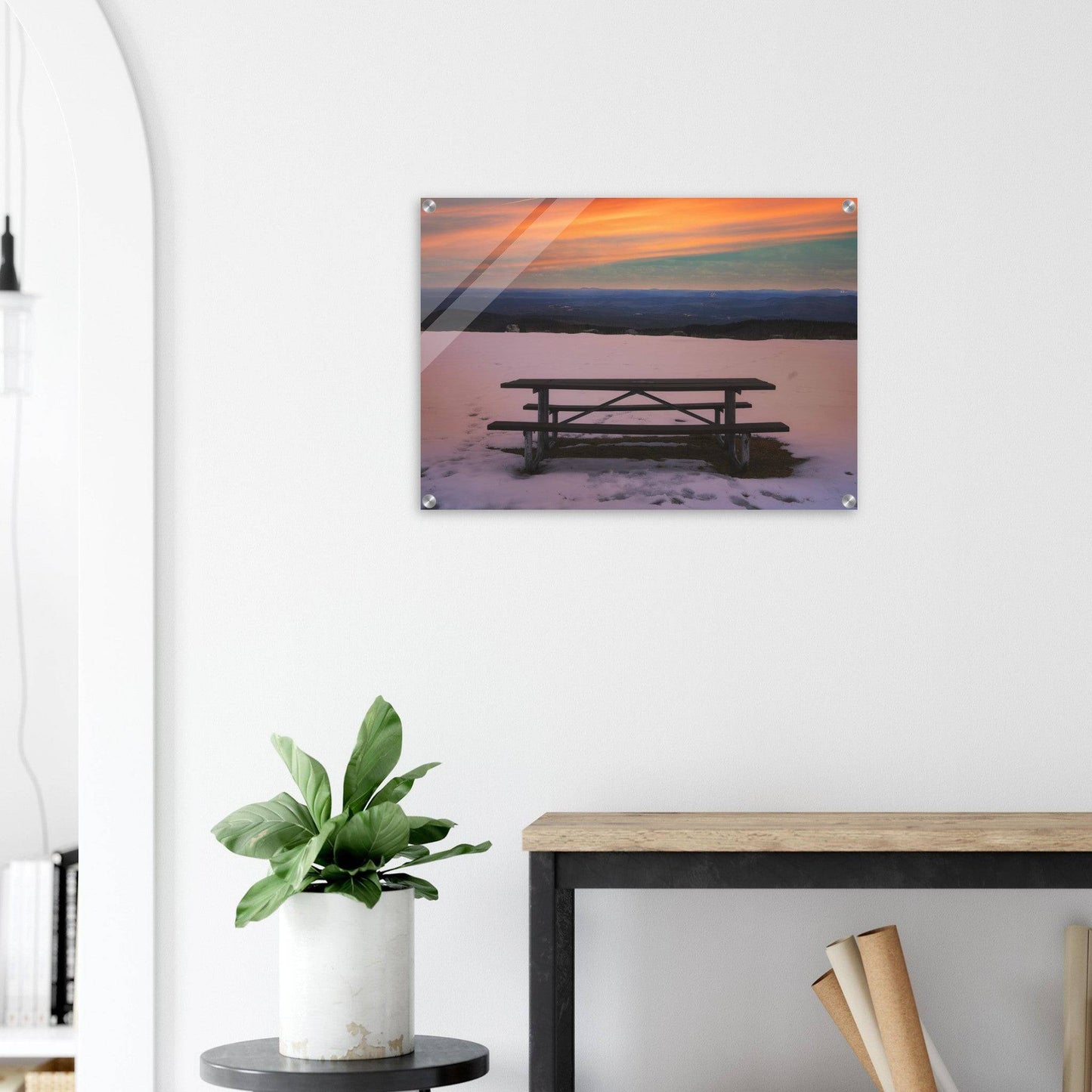 Snow & Bench Acrylic Print Winter Mountain Wall Art Home Office Business Commercial Decor Pixio.Co - Pixio.Co