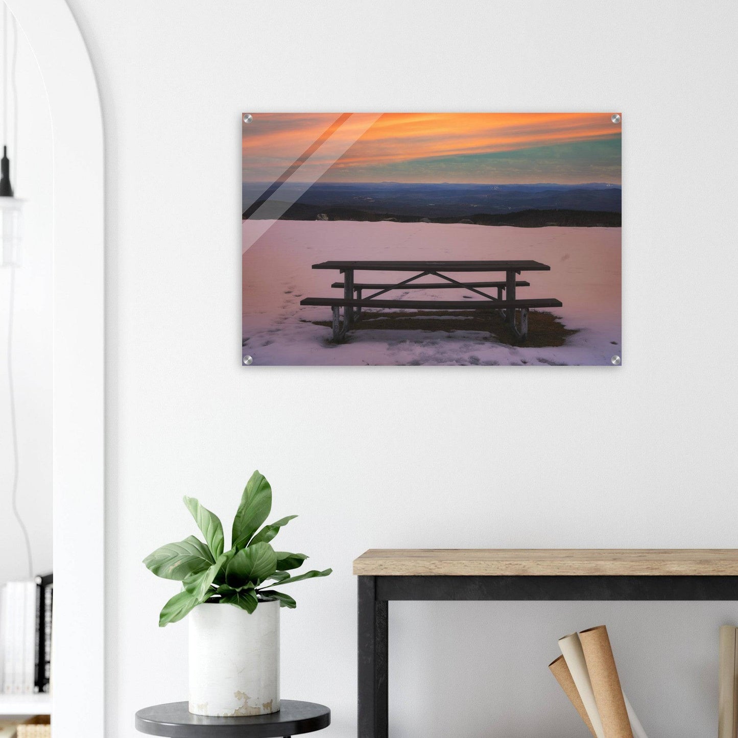 Snow & Bench Acrylic Print Winter Mountain Wall Art Home Office Business Commercial Decor Pixio.Co - Pixio.Co