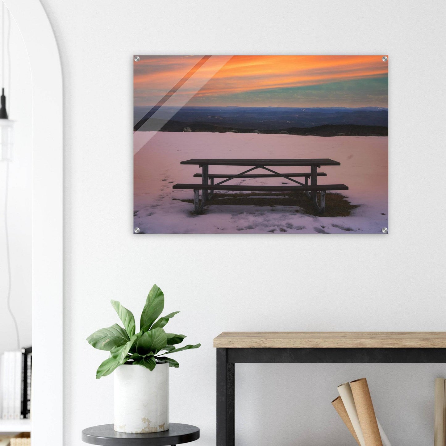 Snow & Bench Acrylic Print Winter Mountain Wall Art Home Office Business Commercial Decor Pixio.Co - Pixio.Co