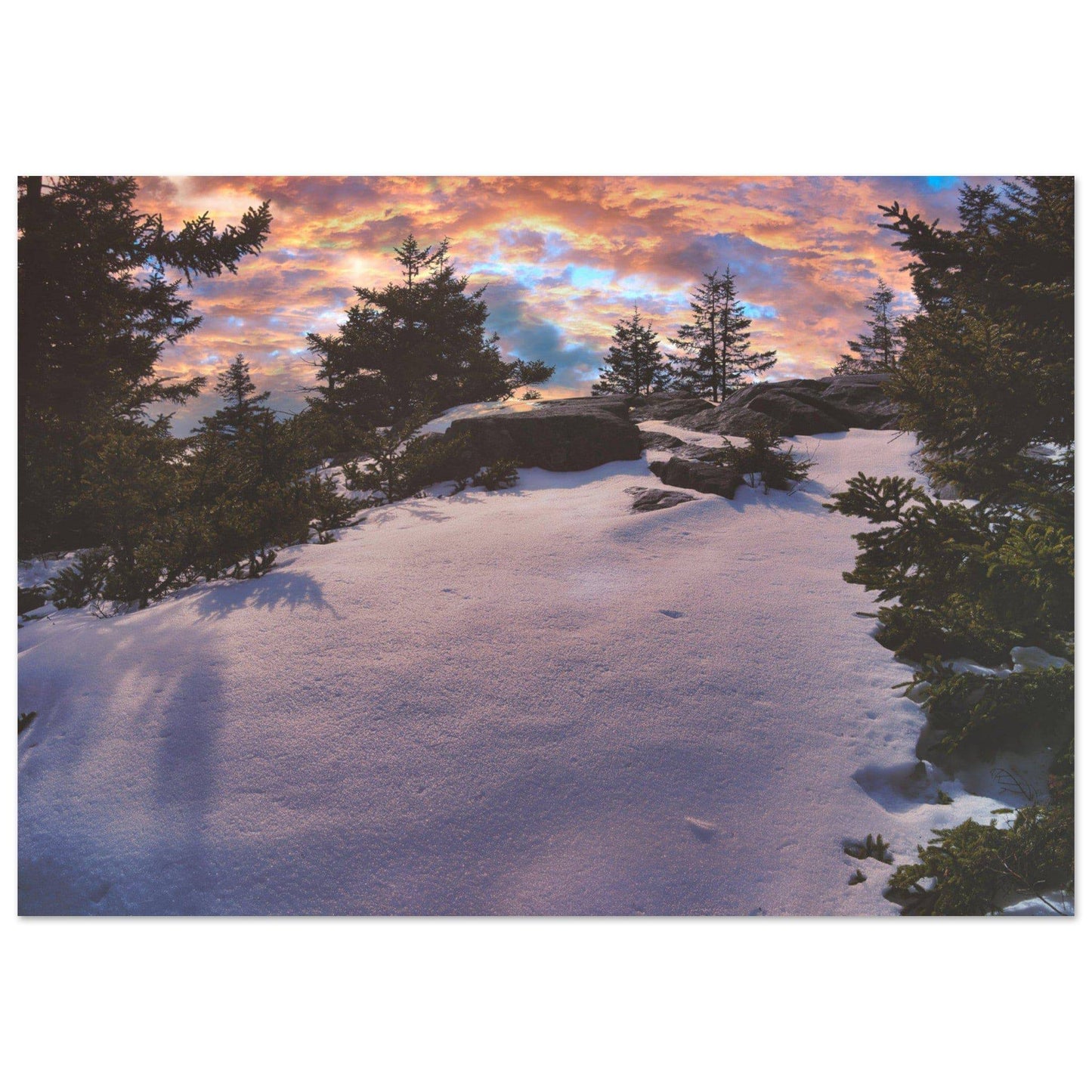 Snow & Sunrise Aluminum Print Relaxing Winter Mountain Wall Art Home Office Business Commercial Decor Pixio.Co - Pixio.Co