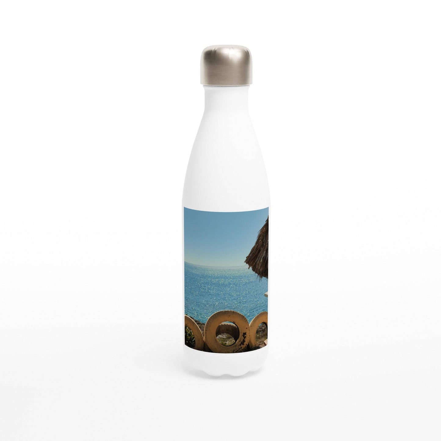 Beach and Tire White 17oz Stainless Steel Water Bottle Relaxing Caribbean Sports Container Pixio.Co - Pixio.Co