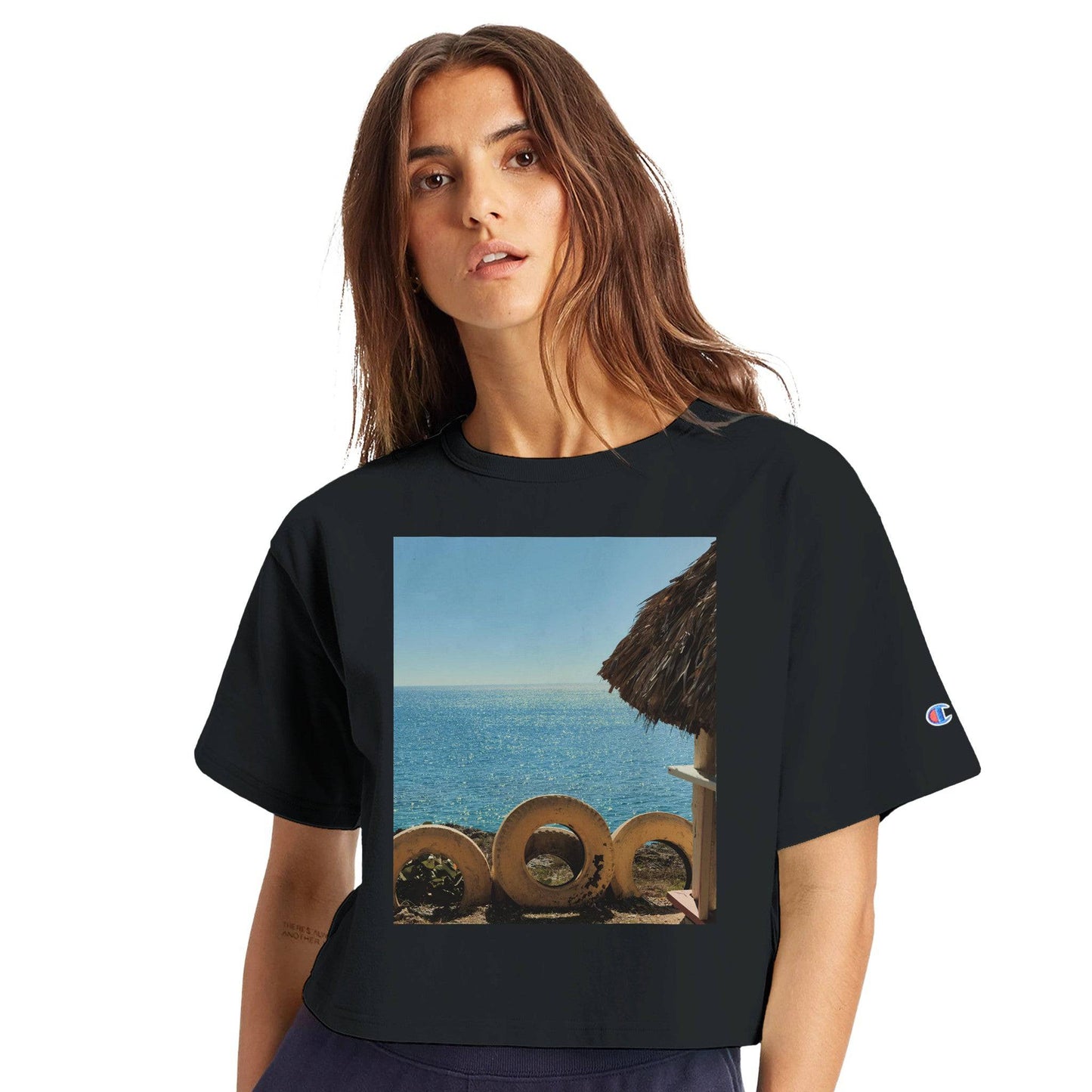Beach and Tire Women's Cropped Crew Neck T-Shirt Relaxing Caribbean Eco Tops Pixio.Co - Pixio.Co