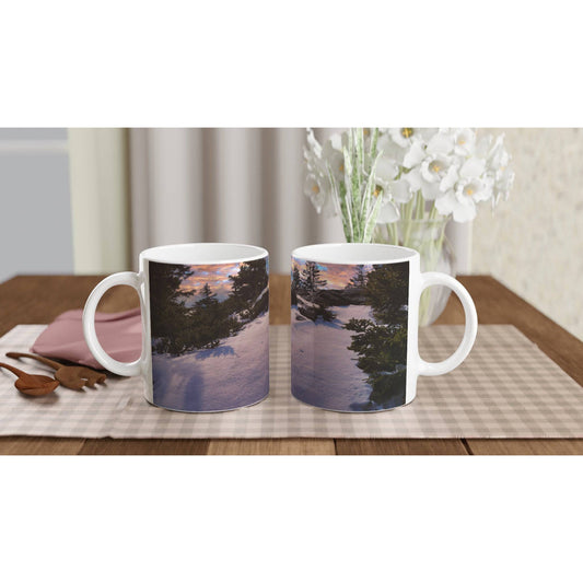 Snow & Sunrise White 11oz Ceramic Coffee Mug Relaxing Winter Mountain Art Home Restaurant Pixio.Co - Pixio.Co